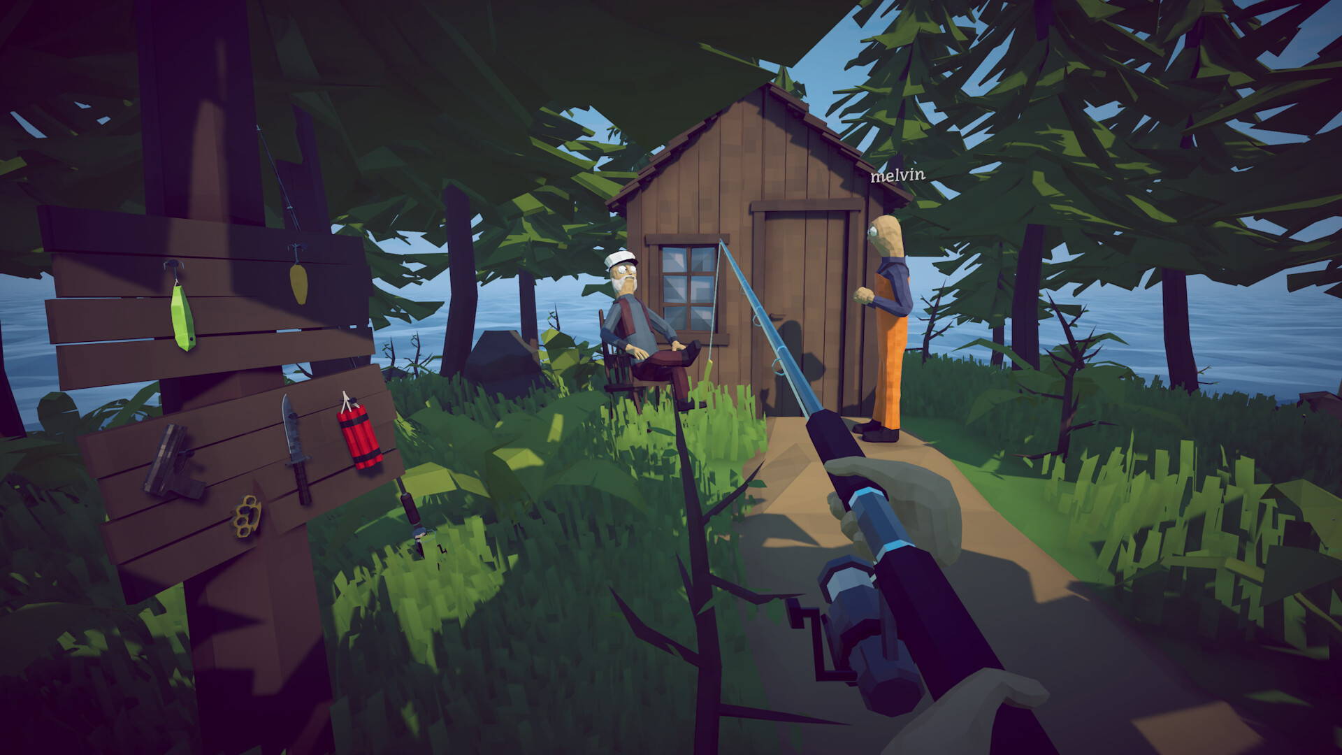 Lighthouse Island - starting area with cabin, NPCs and weapons rack